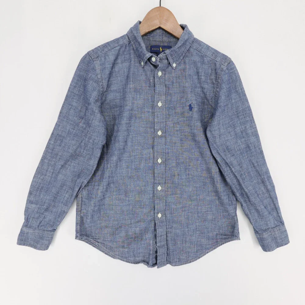 Ralph Lauren Shirt Boys L 14/16 Blue Chambray Long Sleeve Button Down Cotton